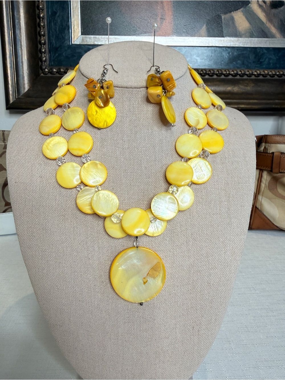 Yellow Shell Disc Double-Strand Necklace with Matching Earrings